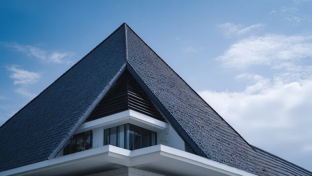Modern architectural detail of a striking triangular roof with a dark blue and