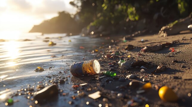 Polluted beach shoreline with scattered plastic debris and environmental waste under soft sunlight