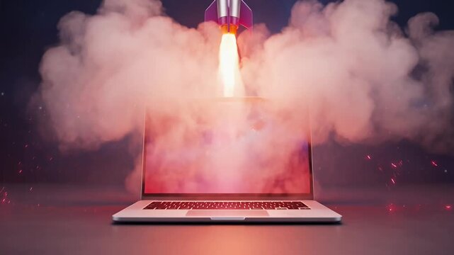 Laptop with a Rocket Launching from the Screen surrounded by Smoke