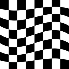 Obraz premium Abstract optical illusion checkerboard texture with wave effect, Modern psychedelic checkered flag design for creative backgrounds, Seamless distorted grid pattern in monochrome minimalist style