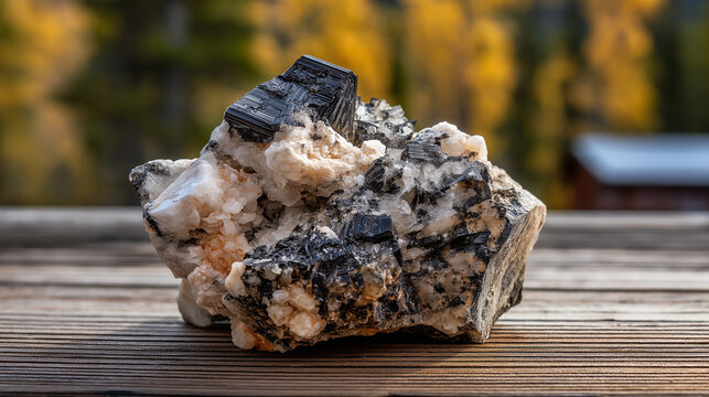 pegmatite. Granite pegmatite specimen with black tourmaline and white feldspar crystals. gardening catalogs, home-decor guides, designed for gardening and botanical catalogs, celebrates nature.