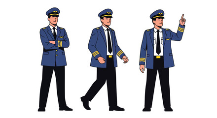 Collection set vector flat style of 3 airline pilots wearing uniform, aviation professionals isolated on clean background for flight, travel, and transportation concepts © Amie