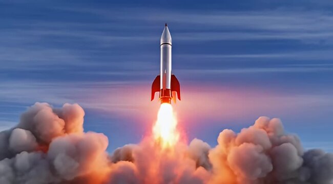 Dramatic digital illustration of a silver rocket ascending into a blue sky