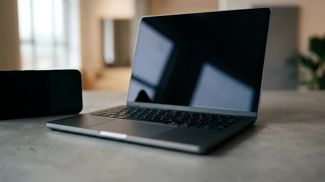 A responsive design concept scene with smartphone and laptop aligned in a minimal layout, blank screens emphasizing digital content space, soft studio lighting with smooth gradients and reflections,