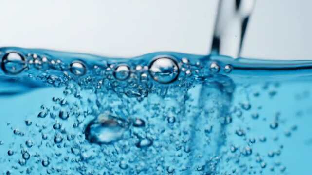 A fluid abstract pattern of light blue swirls and delicate air bubbles creates a clean, airy background for modern cosmetic and wellness concepts.