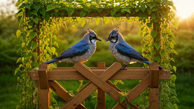 Two vibrant blue jays perched on a wooden trellis in golden light