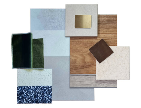 Interior Design Material Mood Board Featuring Wood Grain Samples, Green Velvet Fabric, Terrazzo Tiles, Brass Metal Accents, and Concrete Textures for Architecture and Home Decor Planning Projects.