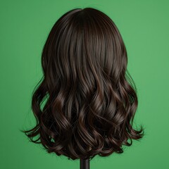 Naklejka premium Dark Brown Synthetic Wavy Hair Wig on Mannequin Head Against Green Background