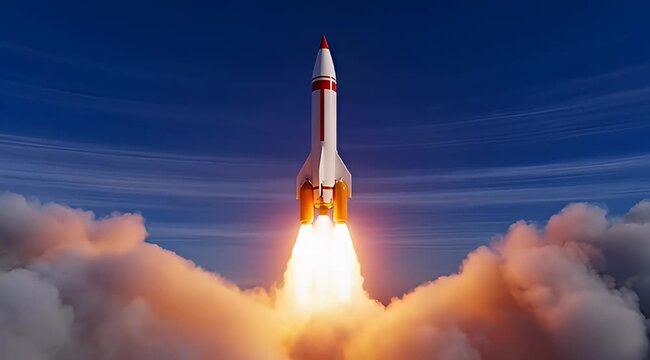 A powerful rocket blasts off against a brilliant blue sky and clouds
