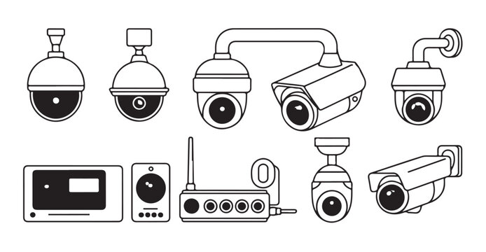 Security cameras line vector icons. cctv video surveillance system for protection and safety.