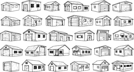 Fototapeta premium Hand-drawn Black and White Line Art Set of Garages, Sheds, Workshops, and Utility Buildings for Architecture, Construction, Storage, and Automotive Industries.