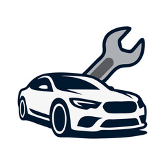 Logo taller mecánico. Dibujo con líneas de un vehículo de lujo con una llave ajustable © teracreonte