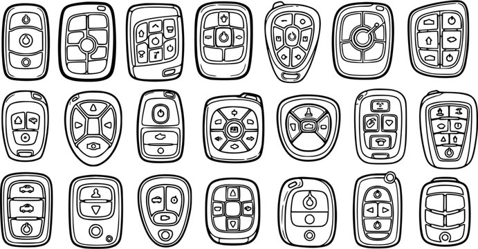 Automotive Car Remote Key Fobs Line Art Collection. Black and white outline sketch of various vehicle security and access devices.
