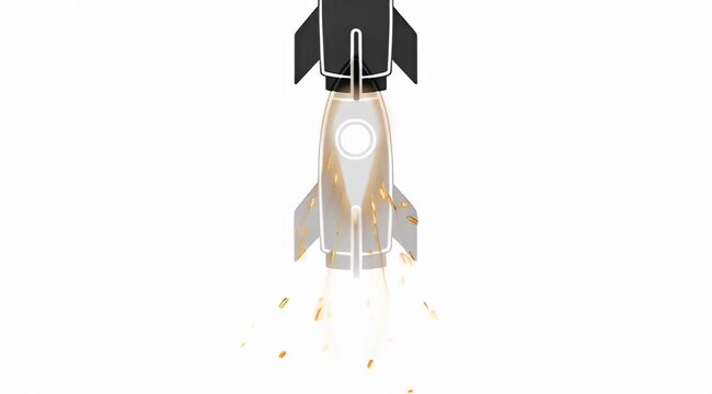 Stylized black and white rocket launch with flame and exhaust on white