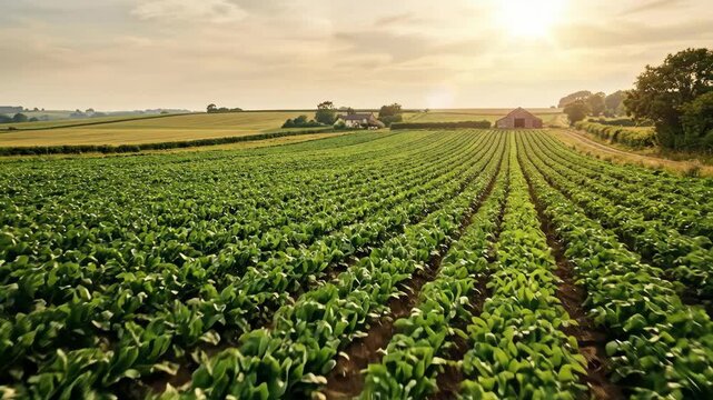 A weathered wooden sign bearing hand-painted text reading ORGANIC FARMING planted at the edge of a fertile green agricultural field, rows of thriving crops stretching to the horizon under a hazy sun