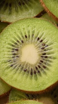 Rotating top view kiwi flatlay designed as a video text background. Smooth circular motion and vivid green tones create an ideal overlay for social media, menu and food branding.