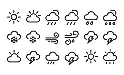 Obraz premium Minimalist weather icon collection featuring sun clouds rain snow storm and wind symbols for forecast design.