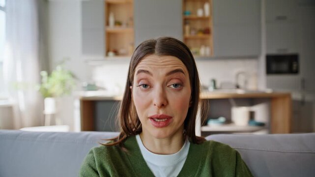 Pov remote working mother talking call feeling bothered by energetic daughter