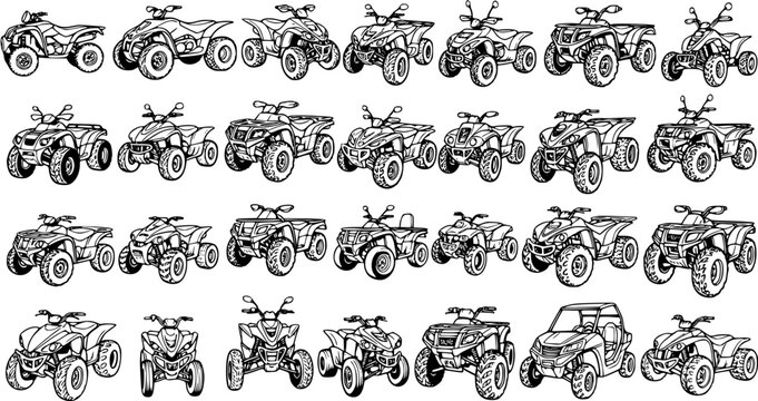 ATV Quad Bike and UTV Line Art Set. Black and White Outline Collection for Off-road Automotive Recreation, Adventure, and Motorsports