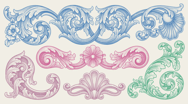 Decorative floral design elements. Ornate swirling floral motif. Pattern vector illustration in vintage engraving style