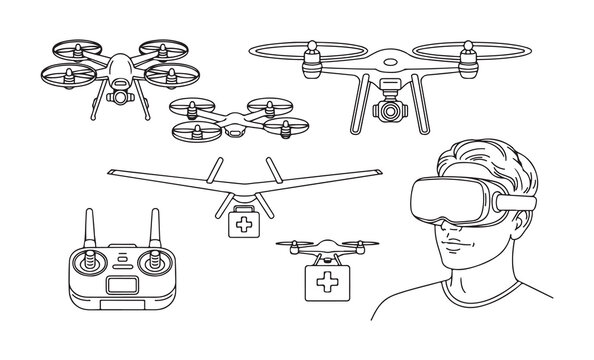 Linear drone illustrations featuring medical delivery quadcopters and pilot wearing virtual reality goggles set.