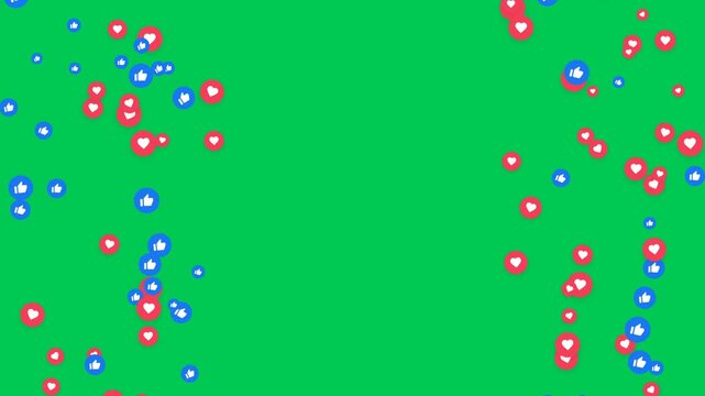 Digital appreciation symbols drift upwards on a green screen to simulate viral audience interaction and positive content feedback during post-production.