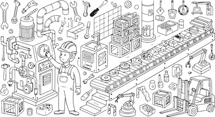 Fototapeta premium Industrial factory production line with worker operating machinery and forklift.
