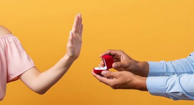 Man proposing with engagement ring while woman rejecting on yellow background  
