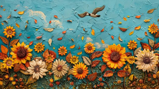 A painting of a field of flowers with a bird flying above it. The painting has a bright and cheerful mood, with the flowers and bird adding a sense of life and energy to the scene