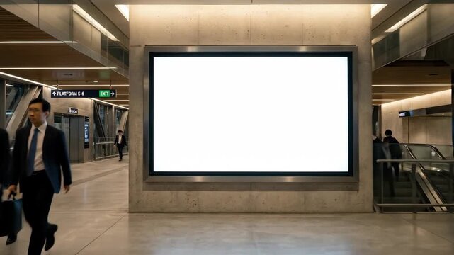 A blank billboard inside a modern urban corridor with clean architectural lines and soft lighting, large empty display panel centered in composition, minimal advertising setup, ultra-realistic, shot
