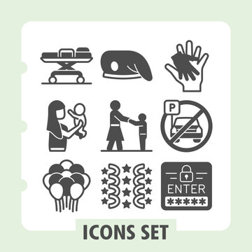 Hospital bed, motherhood, air balloons icons, collection illustrating concepts such as teamwork, communication, security and technology. Set of nine glyph icons on white background.