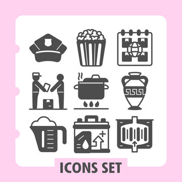 Policeman hat, courier, beaker cup icons, collection illustrating concepts such as headgear, cooking, education, waste management, housing and storage. Set of nine glyph icons on white background.