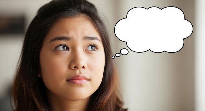 Young Asian woman thinking with thought bubble in bright room  