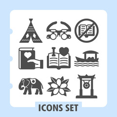 Wigwam, love story book, elephant animal icons, collection illustrating concepts such as travel, love, education, culture and daily life. Set of nine glyph icons on white background. © iconqueen