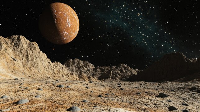Alien planet landscape with large orange planet