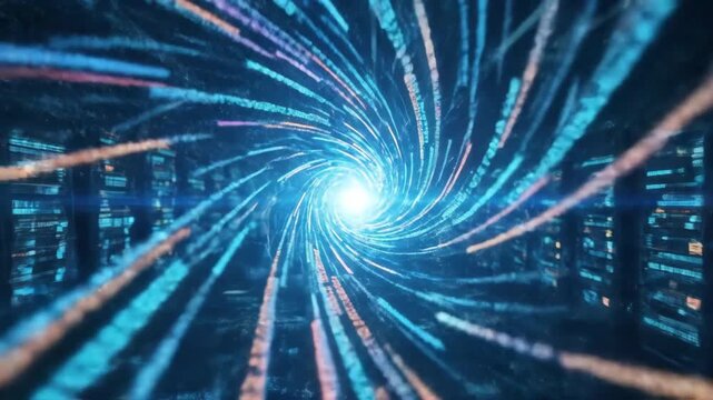 Colorful binary code streams through a glowing vortex of blue light, dynamic symbols and data particles forming a high-speed visualization of digital transmission and cybersecurity flow,
