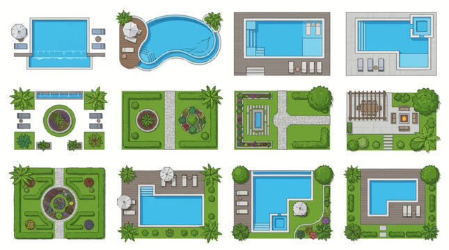 Top-view illustrations of diverse luxury villa landscape design symbols featuring various swimming pools, gardens, and outdoor recreation areas