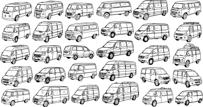 Automotive Transportation Black and White Line Art Collection of Hand-Drawn Vans, Minibuses, and Commercial Vehicles Outline Sketches