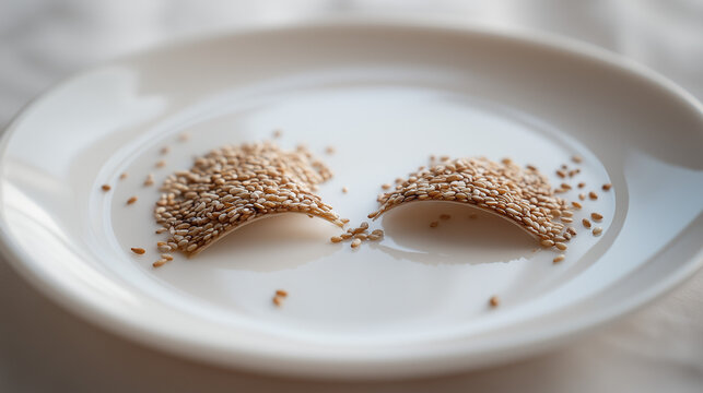 beniseed. A dried sesame pod split open on a white plate, revealing tiny seeds. gardening catalogs, home-decor guides, designed for home decor and floral branding, used by chefs.