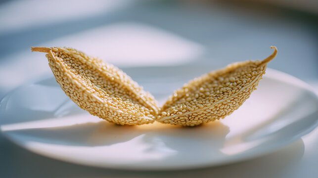 beniseed. A dried sesame pod split open on a white plate, revealing tiny seeds. gardening catalogs, home-decor guides, designed for home decor and floral branding, used by chefs.