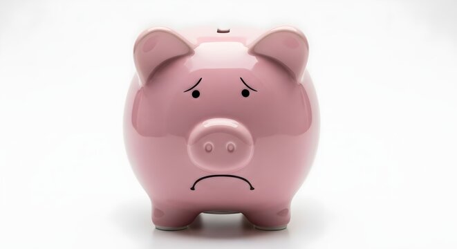 Sad Pink Piggy Bank Concept for Financial Savings Loss and Recession Represents Budget Problems and Economic Downturn with a Frowning Face