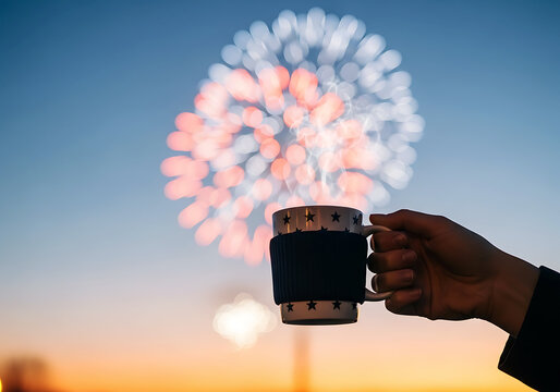 Fireworks Celebration Moment &mdash; Hand Holding Coffee/Beer Mug Against Blurred Firework Burst at Dusk for July 4th Social Content