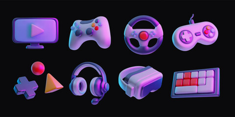 Obraz na płótnie Canvas Realistic gamepad, headphones, vr glasses, computer keyboard 3D plastic style vector icon set, game metaverse collection