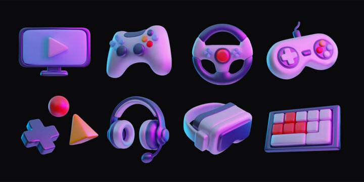 Realistic gamepad, headphones, vr glasses, computer keyboard 3D plastic style vector icon set, game metaverse collection