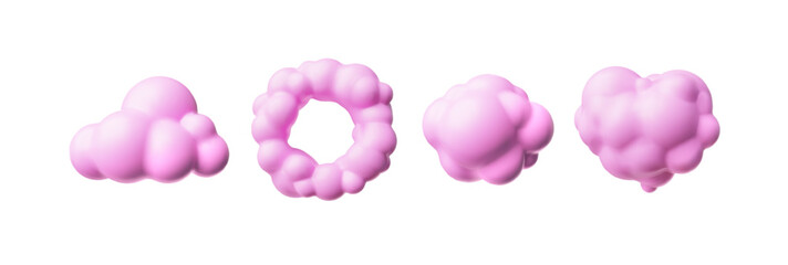 Obraz premium Pink cloud round shape 3D plastic style vector icons set, cartoon weather forecast cloudy circle balloon, meteorology