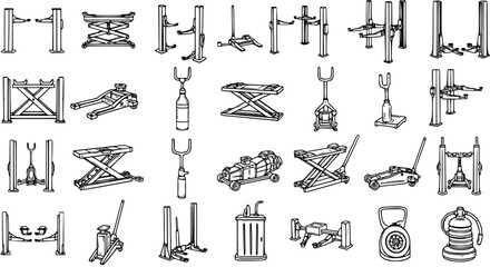 Automotive Car Repair Garage Equipment Line Art Icons Set. Vehicle Lifts, Jacks, Stands, and Service Tools for Maintenance. © victoria