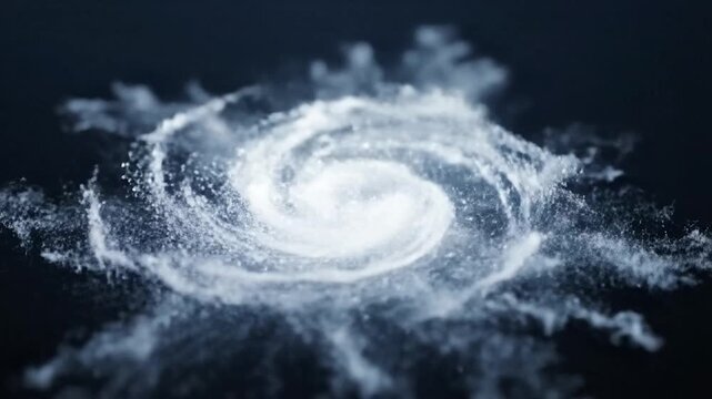 Abstract Spiral Shape Forming From White Powder Particles Against A Plain Dark Matte Black Background