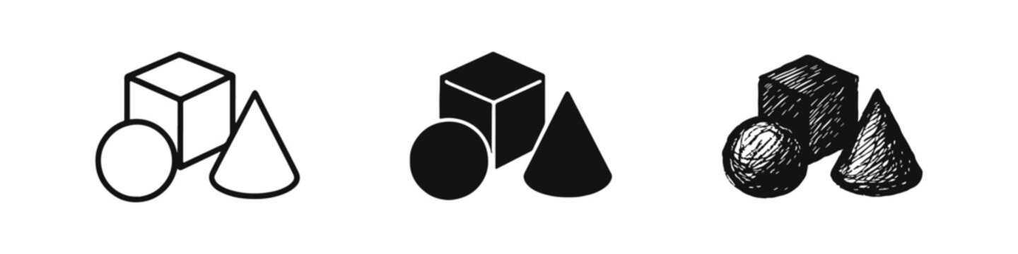 Basic geometric shapes icon set in doodle style. Hand-drawn black and white 3D figures for math and geometry concepts.
