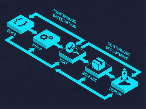 DevOps continuous integration and continuous deployment pipeline illustration in blue line style, software development workflow, coding, testing, release, automation and deployment process concept