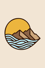 Logo agencia de viajes. Vacaciones de verano. Dibujo sencillo con líneas de un sol con montañas y olas de mar formando un círculo © teracreonte
